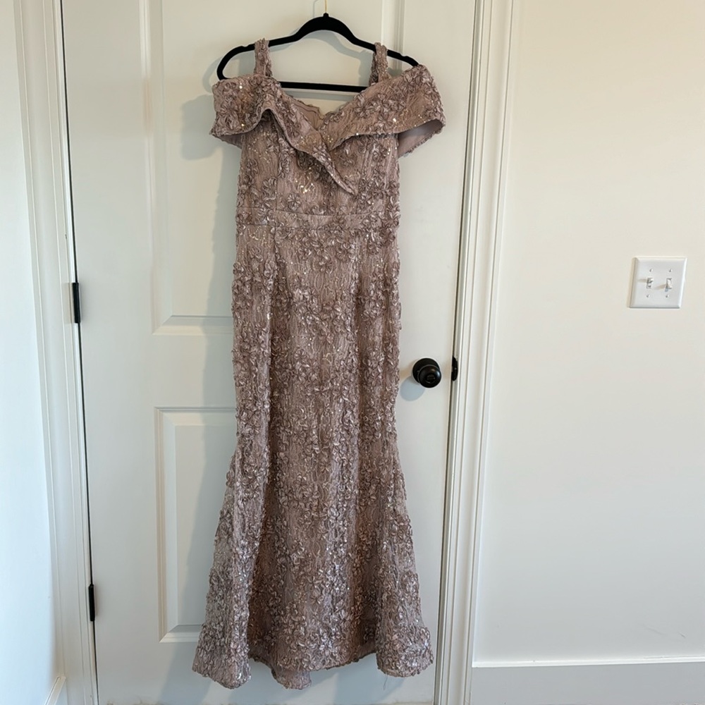 Taupe Off-The-Shoulder Lace Gown
